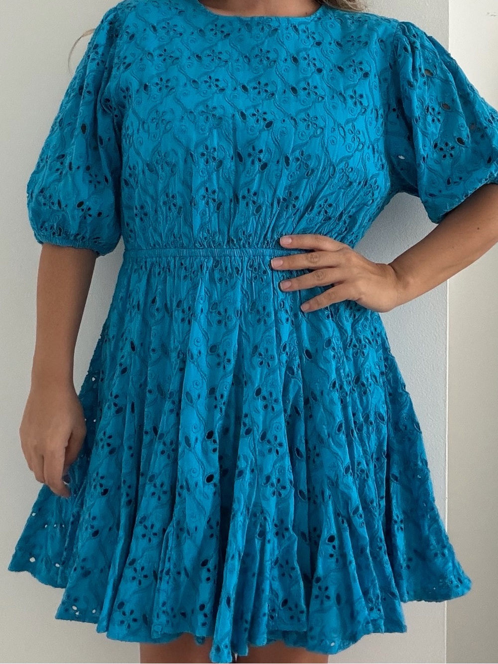Topshop Cotton Turquoise Eyelet Puff-Sleeve Dress